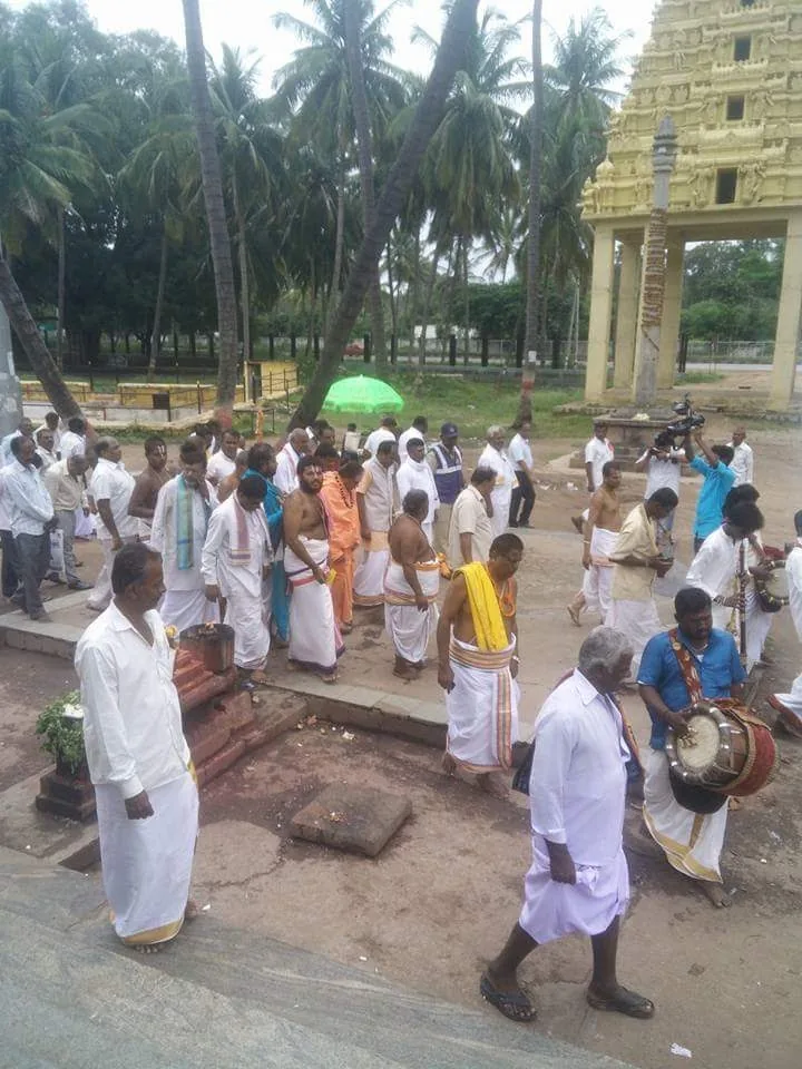 A procession of vaidikas and villagers walking a temple's honours in under a green umbrella, the gopuram rising through the coconut palms ahead and a drummer at the right of the path