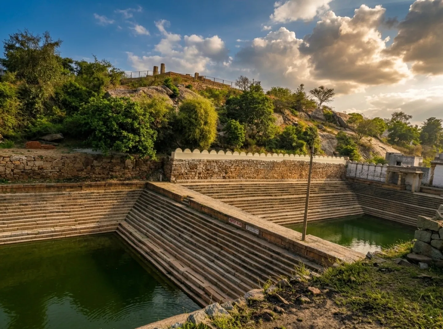 The twin stepped tanks of Akka-Tangi Kola in late-afternoon light, green water in each and a broad stepped wall dividing them, with a scalloped white parapet and a scrub-covered rock rising behind.