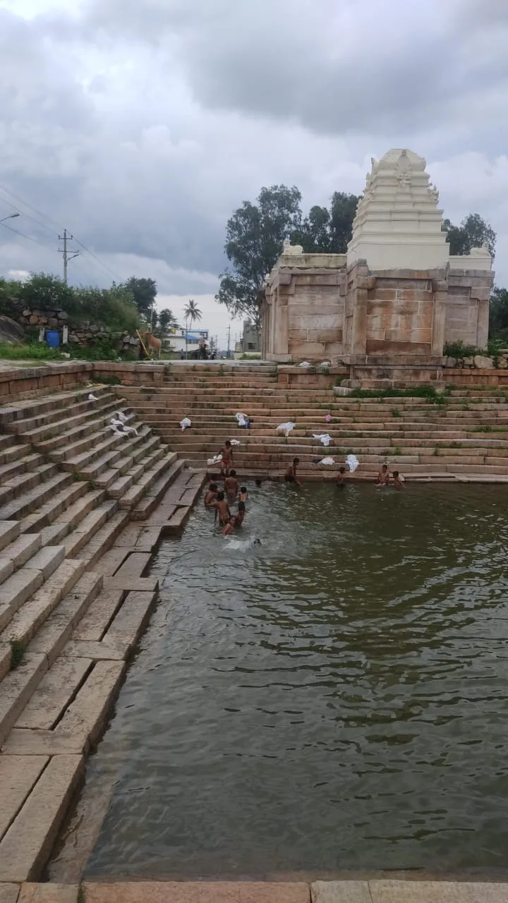 The stepped tank of Akka-Tangi Kola under a heavy monsoon sky, a weathered stone mantapa standing over the far end and a group of boys swimming in the green water at the foot of the steps.