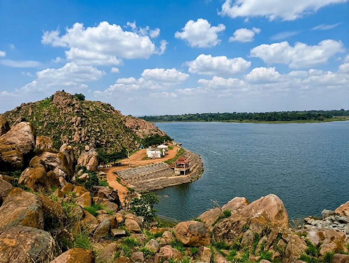 Thonnur lake from the boulders on its shore, a stepped stone embankment with a small red-roofed pavilion curving out into the blue water below a rocky, scrub-covered hill.