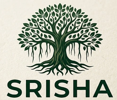 The Srisha Farms mark: a broad, spreading tree in dark green with its roots showing beneath it, the name lettered below.